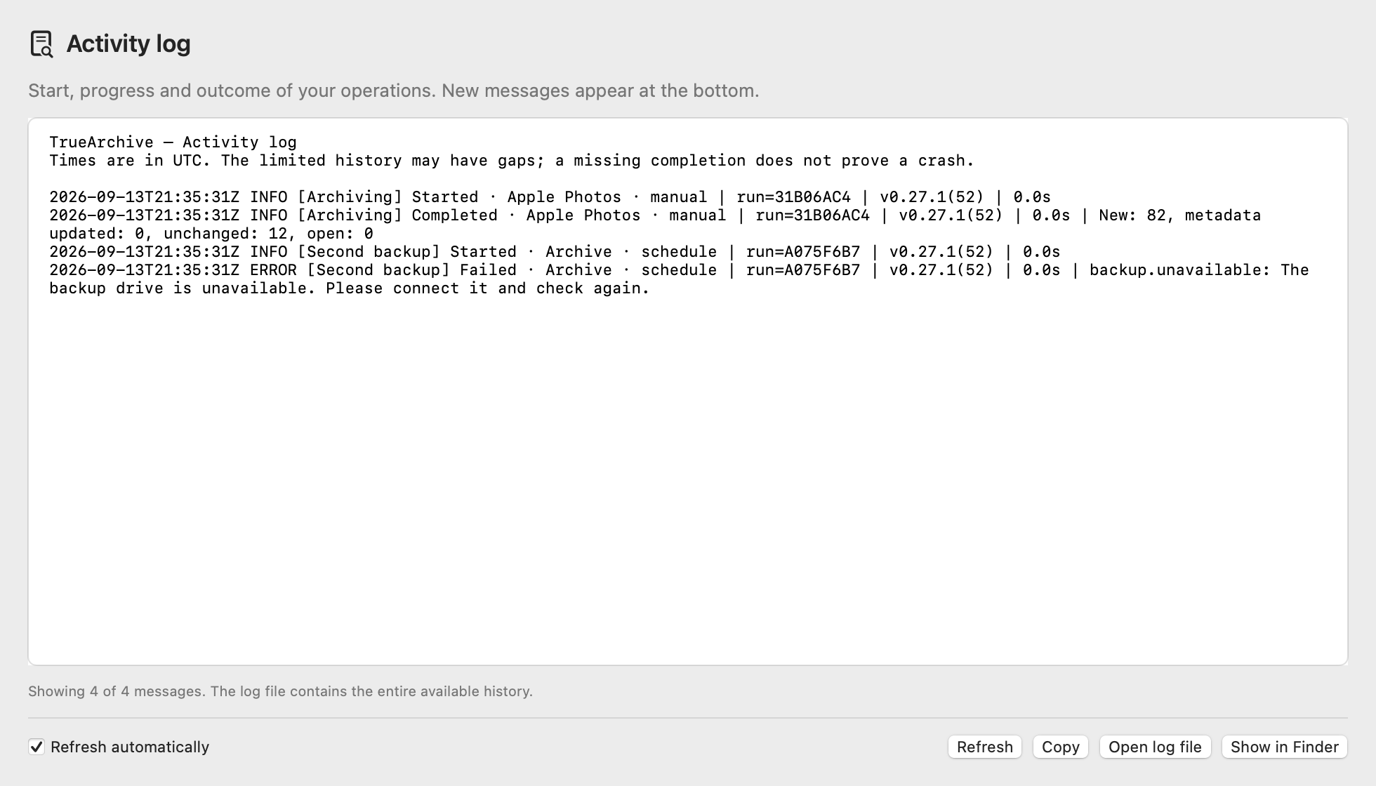 Activity log showing a completed Photos import and a failed backup, using only synthetic example data