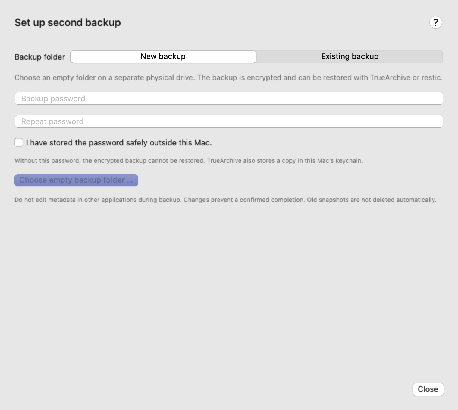 Native second backup setup with a password and a separate drive