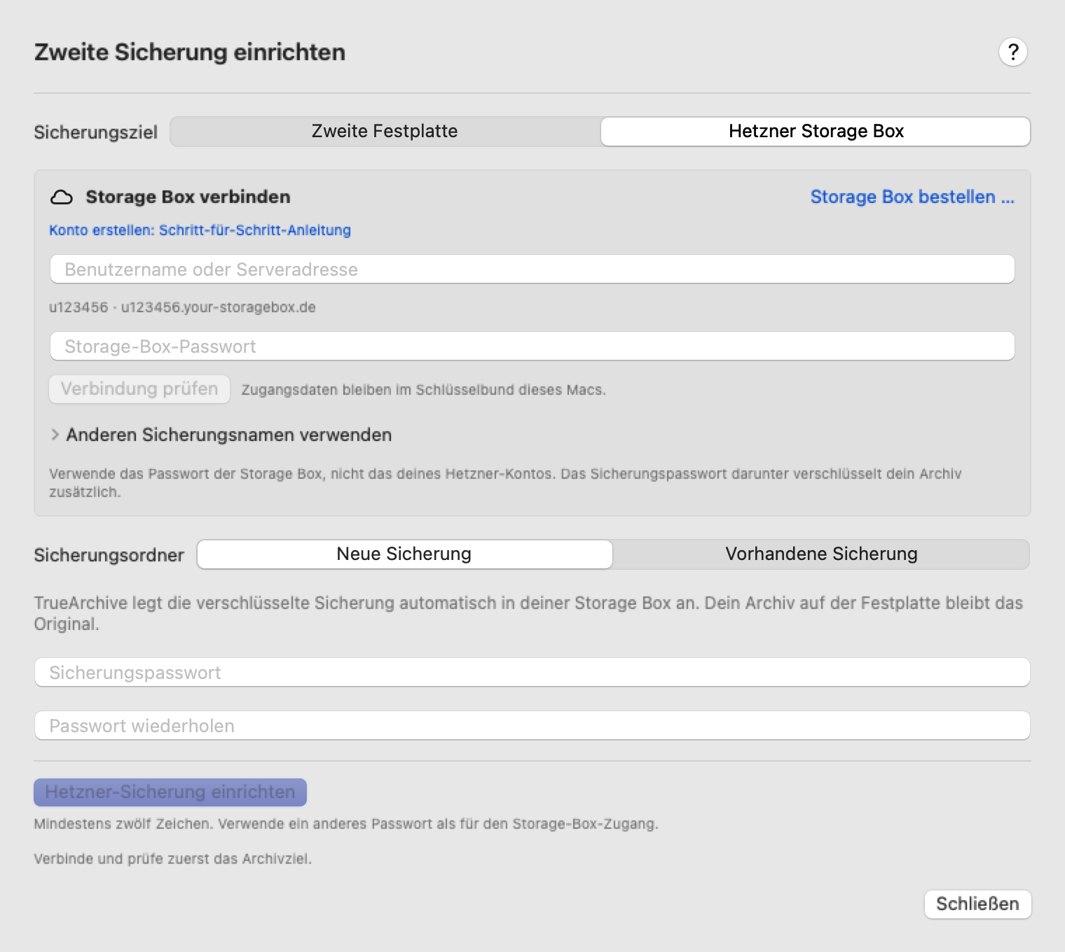 Native Hetzner-Einrichtung in Alpha 0.38.0. Vor der ersten Sicherung ein Archiv verbinden.