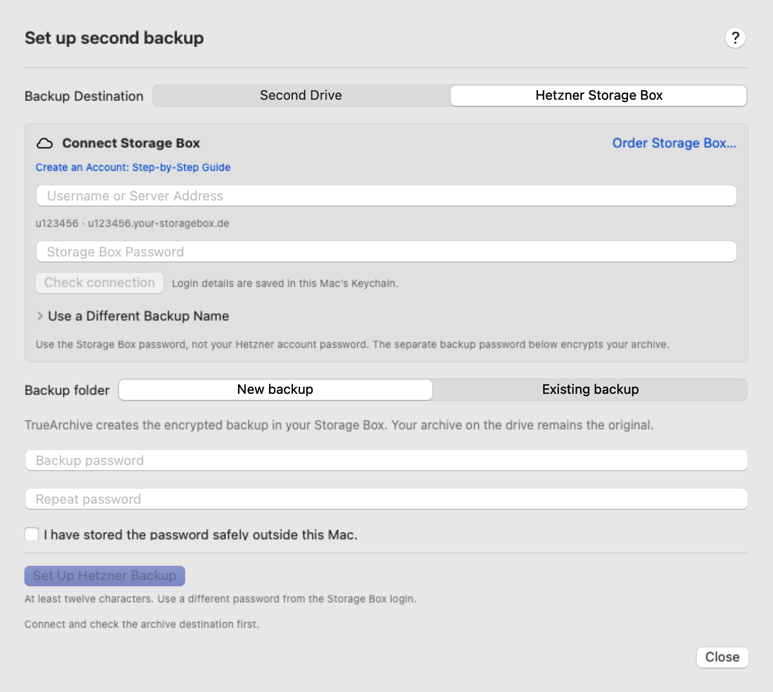 Native Hetzner setup in Alpha 0.38.0. Connect an archive before the first backup.