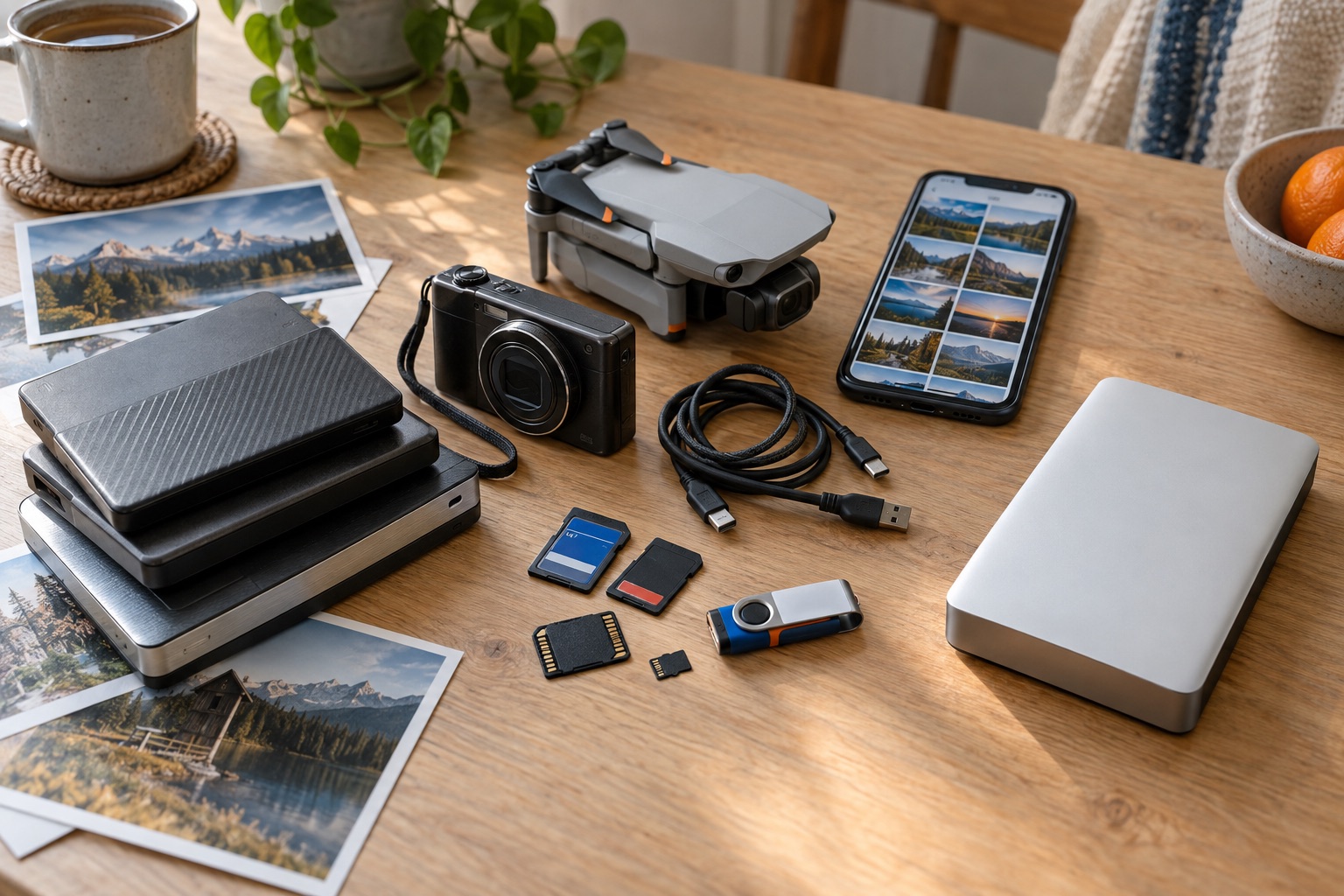 Alte und neue Festplatten, Kamera, Drohne, Smartphone, USB-Stick sowie SD- und microSD-Karten auf einem Tisch.
